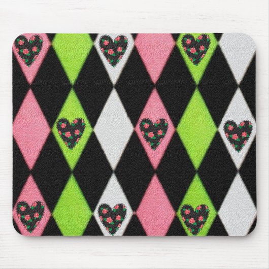 Farbenfrohe Harlequin Print mit Rose Herz Mousepad (Vorne)