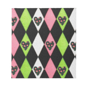 Farbenfrohe Harlequin Print mit Rose Herz Notizblock