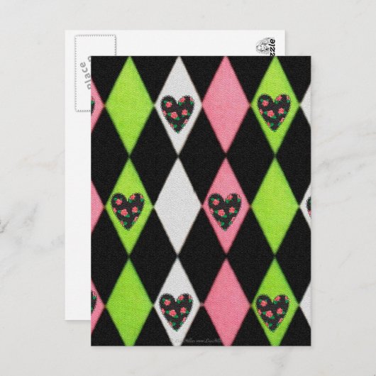 Farbenfrohe Harlequin Print mit Rose Herz Postkarte (Vorne/Hinten)
