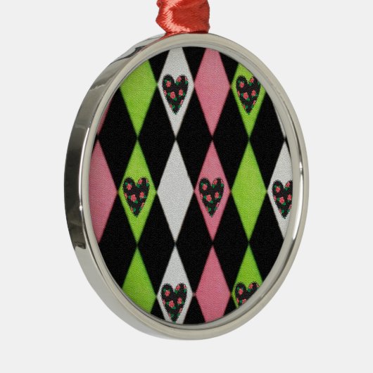 Farbenfrohe Harlequin Print mit Rose Herz Silbernes Ornament (Rechts)