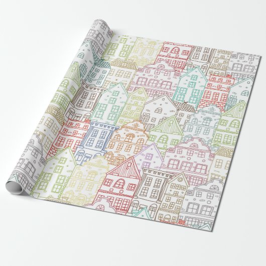 Farbenfrohe Häuser, die ein Kunstmuster aufweisen Geschenkpapier (Ungerollt)