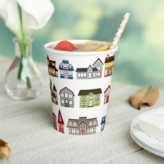 Farbenfrohe Häuser Open House Erwärmung Pappbecher (In Situ)