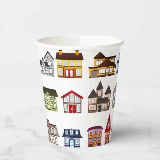 Farbenfrohe Häuser Open House Erwärmung Pappbecher (Links)