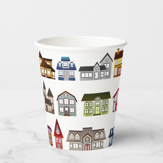 Farbenfrohe Häuser Open House Erwärmung Pappbecher (Vorderseite)