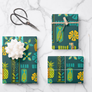 Farbenfrohe Hawaiianische Tiki und Fische Geschenkpapier Set