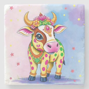 Farbenfrohe, heilige Diwali-Kühe in festlichen Ver Steinuntersetzer