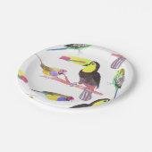 Farbenfrohe Heimvögel auf einem Ast Pappteller (Schrägansicht)