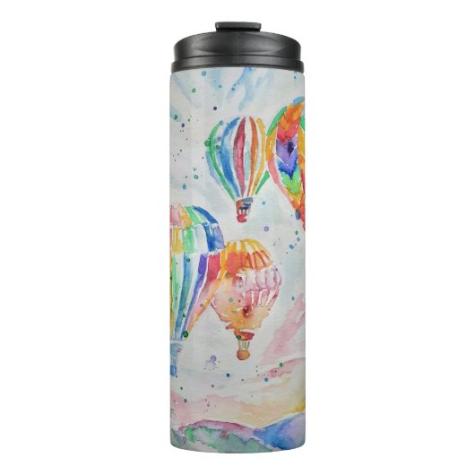 Farbenfrohe Heißluftballon Wasserfarben Design Thermosbecher (Vorderseite)