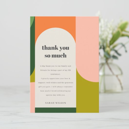 Farbenfrohe helle Groovy Retro Arche jedes Alter G Dankeskarte (Stehend Vorderseite)