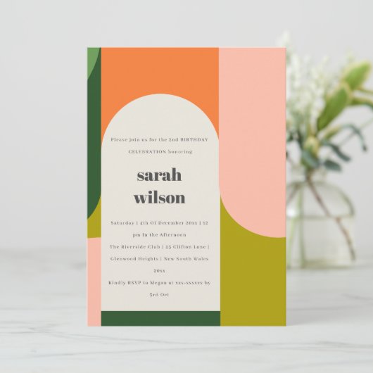 Farbenfrohe helle Groovy Retro Arche jedes Alter G Einladung (Stehend Vorderseite)