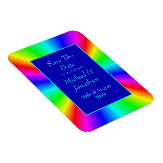 Farbenfrohe, helle Rainbow-Hochzeit retten das Dat Magnet (Rechte Seite)