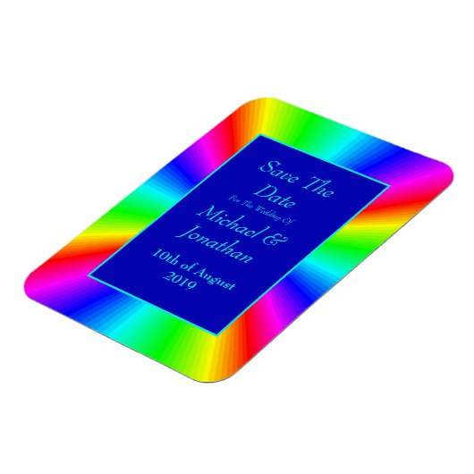 Farbenfrohe, helle Rainbow-Hochzeit retten das Dat Magnet (Linke Seite)