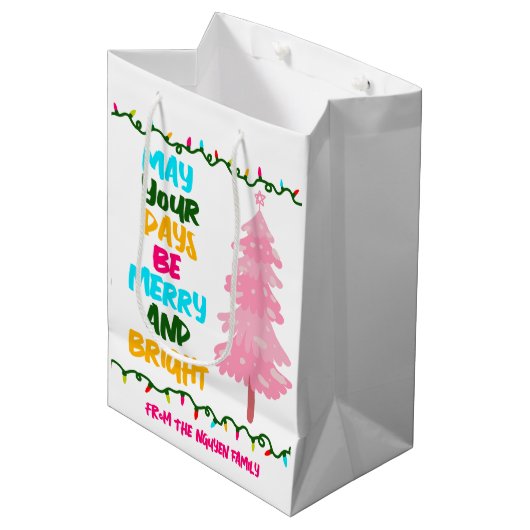 Farbenfrohe, hellrosa Weihnachtsbaum Custom Mittlere Geschenktüte (Vorderseite Schrägansicht)