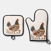 Farbenfrohe Hen Scandi Folk Art Ofenhandschuh & Topflappen-Set (Vorderseite)