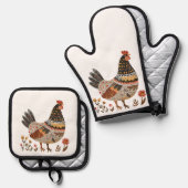 Farbenfrohe Hen Scandi Folk Art Ofenhandschuh & Topflappen-Set (Vorderseite/Rückseite)