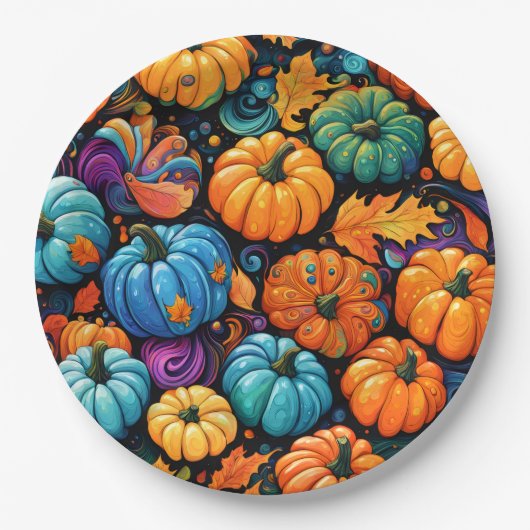 Farbenfrohe Herbst-Kürbis-Gartentasche Pappteller (Vorderseite)