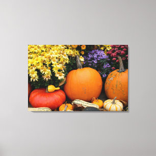 Farbenfrohe Herbstdekoration mit Kürbissen Leinwanddruck
