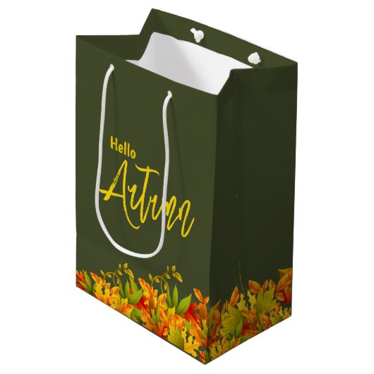Farbenfrohe Herbstfallen Blätter Geschenktasche Mittlere Geschenktüte (Vorderseite Schrägansicht)