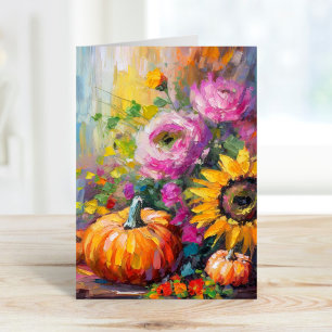 Farbenfrohe Herbstflorale und Pumpkins Karte