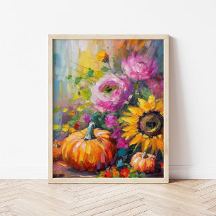 Farbenfrohe Herbstflorale und Pumpkins Poster