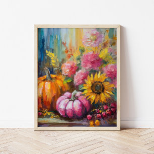 Farbenfrohe Herbstflorale und Pumpkins Poster