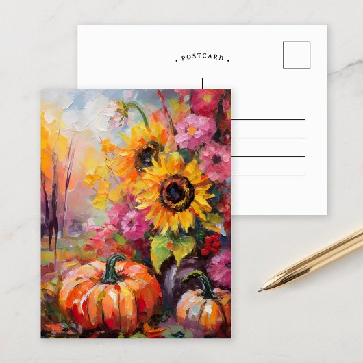 Farbenfrohe Herbstflorale und Pumpkins Postkarte