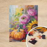 Farbenfrohe Herbstflorale und Pumpkins Puzzle<br><div class="desc">Ein lebendiges, modernes abstraktes Gemälde, das eine spielerische Anordnung von Kürbissen, Sonnenblumen und anderen Herbstpflanzen zeigt. Reiche Herbstfarben wie verbranntes Orange, tiefes Rot, Rosa und goldenes Gelb harmonieren mit sanften Pinselstrichen und kühnen Farbspritzen. Der abstrakte Stil verleiht dem traditionellen Thema der Herbsternte einen zeitgenössischen Flair, der die Wärme und Schönheit...</div>