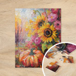 Farbenfrohe Herbstflorale und Pumpkins Puzzle<br><div class="desc">Ein lebendiges, modernes abstraktes Gemälde, das eine spielerische Anordnung von Kürbissen, Sonnenblumen und anderen Herbstpflanzen zeigt. Reiche Herbstfarben wie verbranntes Orange, tiefes Rot, Rosa und goldenes Gelb harmonieren mit sanften Pinselstrichen und kühnen Farbspritzen. Der abstrakte Stil verleiht dem traditionellen Thema der Herbsternte einen zeitgenössischen Flair, der die Wärme und Schönheit...</div>