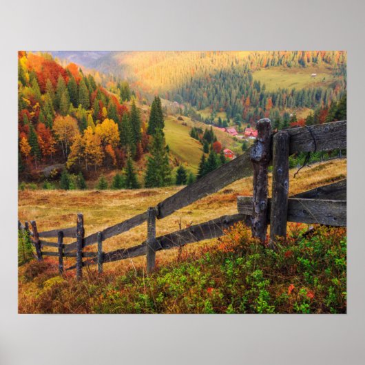 Farbenfrohe Herbstlandschaft mit Zaun in Siebenbür Poster (Vorne)