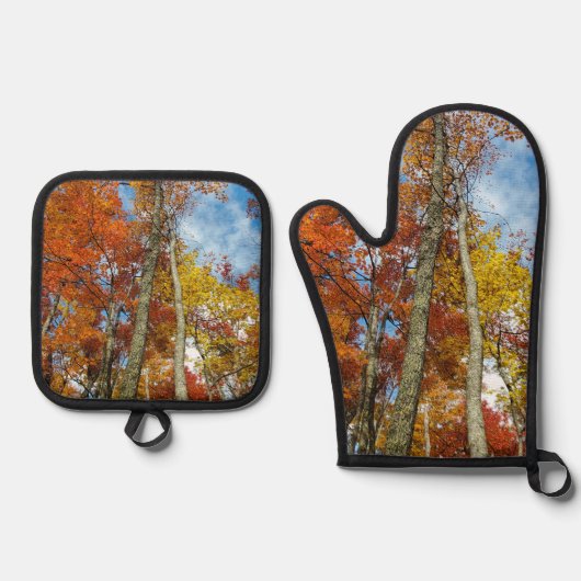 Farbenfrohe Herbstlaube Wald Große, rauchige Berge Ofenhandschuh & Topflappen-Set (Vorderseite)
