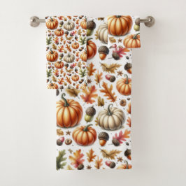 Farbenfrohe Herbstsaison Pumpkins und Blätter druc Badhandtuch Set