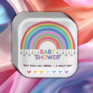 Farbenfrohe Herz trifft Retro Rainbow Baby Dusche Pappteller