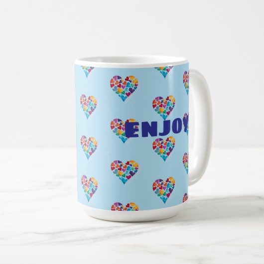 Farbenfrohe Herzdesign, Blau, Genießen! Kaffeetasse (VorderseiteRechts)