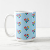 Farbenfrohe Herzdesign, Blau, Genießen! Kaffeetasse (Links)