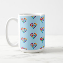 Farbenfrohe Herzdesign, Blau, Genießen! Kaffeetasse