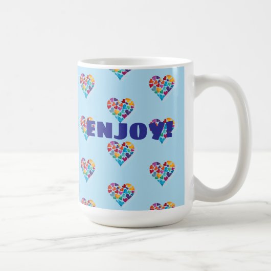 Farbenfrohe Herzdesign, Blau, Genießen! Kaffeetasse (Rechts)
