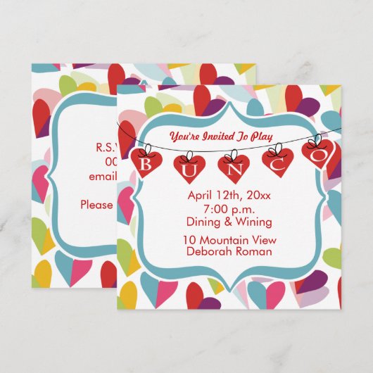 Farbenfrohe Herzen Bunco Einladung (Vorne/Hinten)
