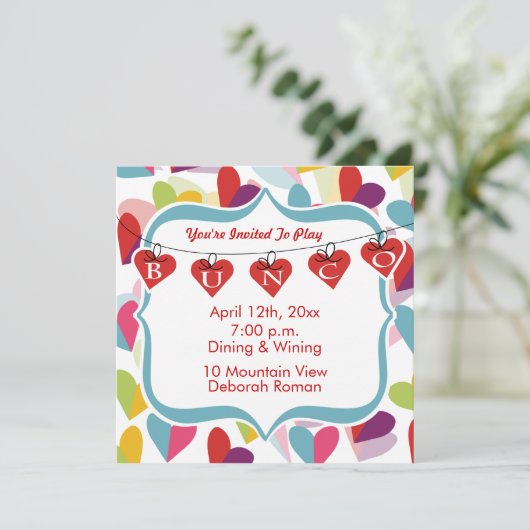 Farbenfrohe Herzen Bunco Einladung (Stehend Vorderseite)