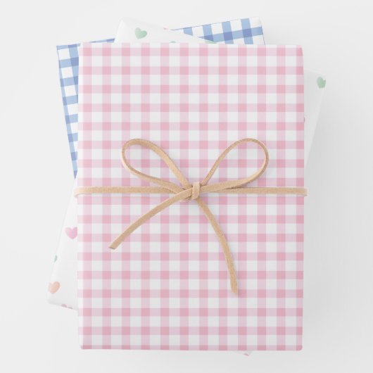 Farbenfrohe Herzen | Pastellrosa und Blauer Gingha Geschenkpapier Set (Beispiel)