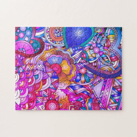 ; Farbenfrohe Herzen und Blume Abstrakte Kunst Puzzle (Horizontal)