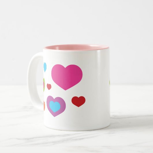 Farbenfrohe Herzen Zweifarbige Tasse (Vorderseite Links)