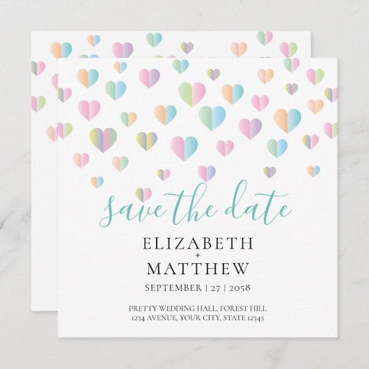 Farbenfrohe Herzklammern Save the Date Design Einladung (Vorne/Hinten)