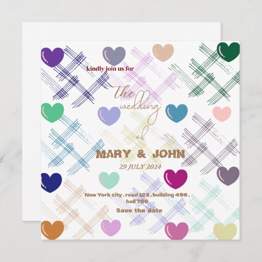 Farbenfrohe Herzmuster Einladung Hochzeit | Modern (Vorne/Hinten)