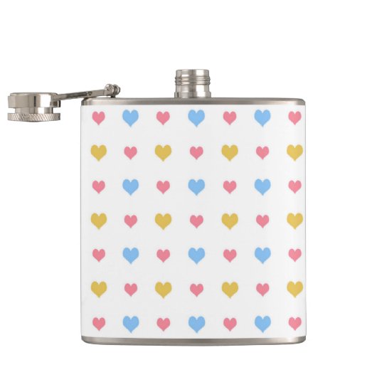 Farbenfrohe Herzmuster Gelb Rosa Blau Flachmann (Geöffnet)
