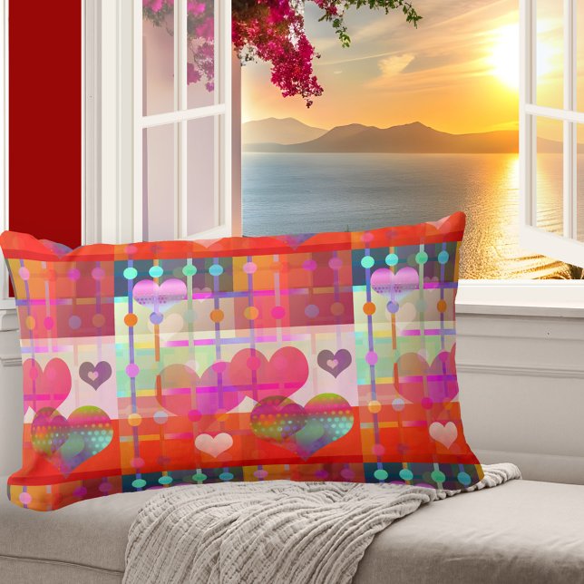 Farbenfrohe Herzmuster Muster Pillow Lendenkissen (Pillow featuring a modern design with festive hearts in bright colors)