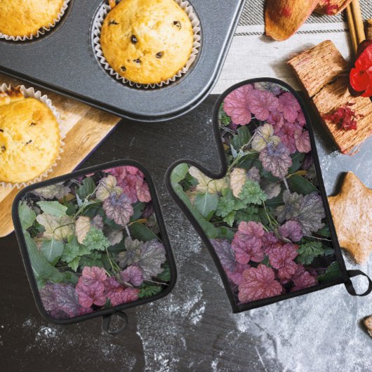 Farbenfrohe Heuchera Pflanze Blätter Botanisch Ofenhandschuh & Topflappen-Set