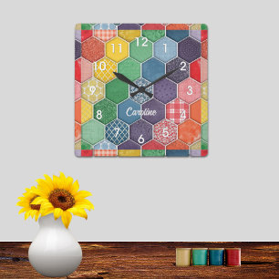 Farbenfrohe Hexagon Quilt Patch Wall Uhr