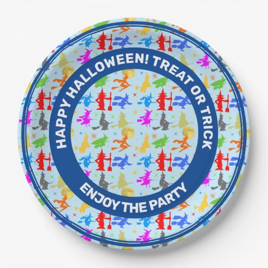 Farbenfrohe Hexen im Flug. Halloween Pattern Pappteller (Vorderseite)