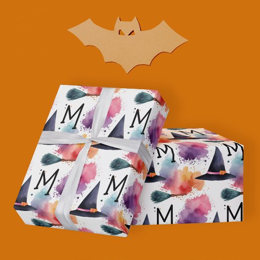 Farbenfrohe Hexenhut-Broomstick Halloween Wasserfa Geschenkpapier