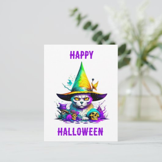 Farbenfrohe Hexenkatze Postkarte (Stehend Vorderseite)